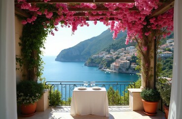 Obraz premium Terrace cafe table set for two overlooks blue sea and italian village. Pink flowers cascade over pergola. Mountains rise behind colorful houses. Sunny day.