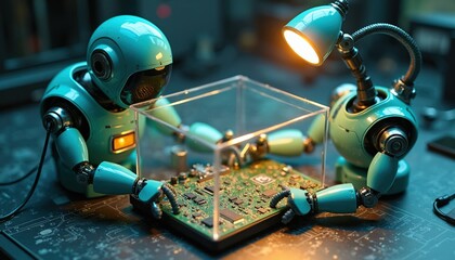 Plakat Two teal robots work on green circuit board inside clear box. Desktop lamp illuminates project. Tiny machines assemble tech on table with blueprints.