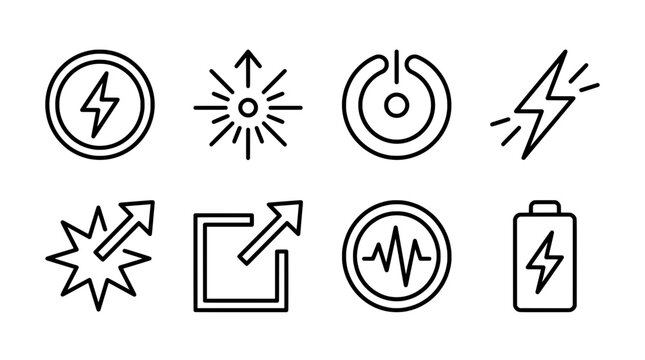 Set of 8 outline icons depicting energy power and electricity