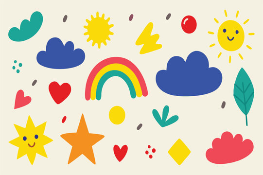 Collection of cute hand-drawn weather and nature doodle elements Illustration