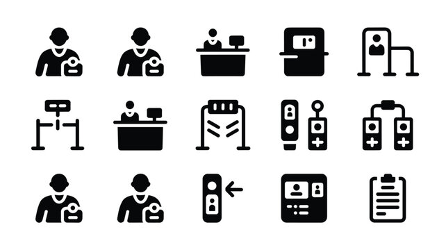 Set of 15 Black Security Checkpoint and Entrance Control Vector Icons