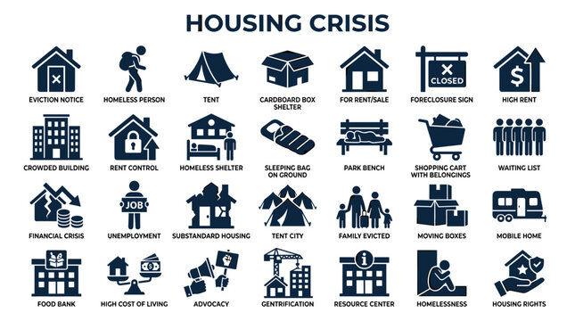 Housing Crisis icons depicting homelessness, eviction, and affordability issues as social problems