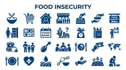 Food insecurity concept with icons depicting hunger poverty lack of food donations and social support systems for community welfare