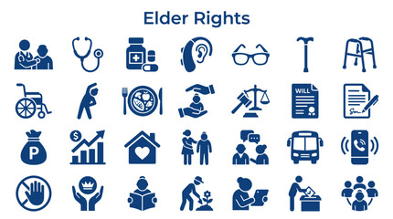 Fototapeta premium Elder rights concept icons depicting healthcare support, legal aid, financial security, and community services for seniors
