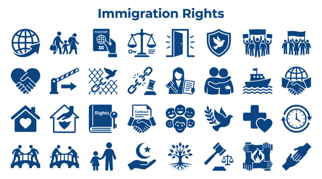 Immigration rights concept with diverse icons symbolizing journey, family, law, freedom, and support for migrants and refugees