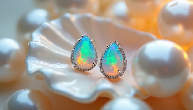 Pear Ethiopian welo opal stud earrings set in platinum with diamond accents rest on a mother of pearl shell. White pearls create luxurious backdrop, elegant jewelry.