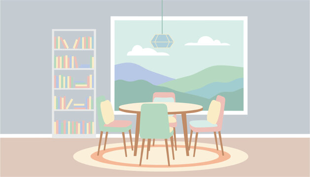 Cozy dining area with round table and chairs featuring scenic mountain mural background