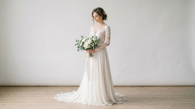 Beautiful young bride holding a fresh flower bouquet wearing a long white lace wedding dress standing indoors studio