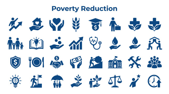 Poverty Reduction Icons Set Graphic Elements for Social Issues Concepts like Charity Healthcare Education Finance and Community Development
