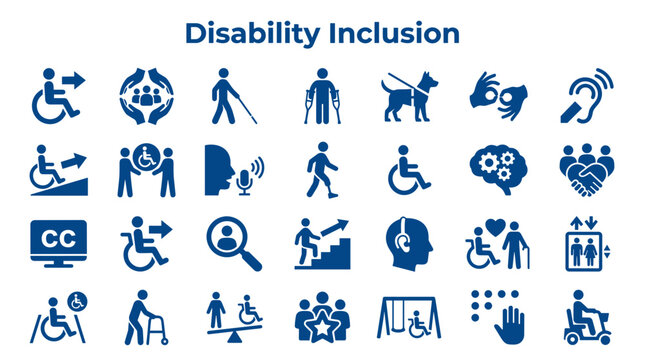 Disability inclusion icons representing accessibility diversity and equal opportunity for people with disabilities in society and the workplace