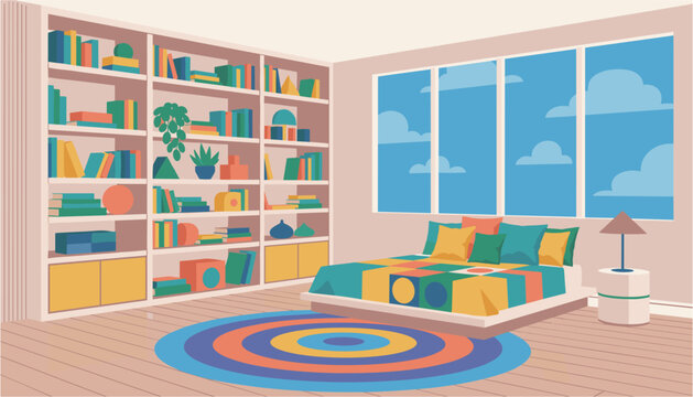 Colorful modern classroom with bookshelf and colorful seating area