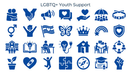 Fototapeta premium LGBTQ+ Youth Support Icons Representing Community, Education, Health, and Empowerment