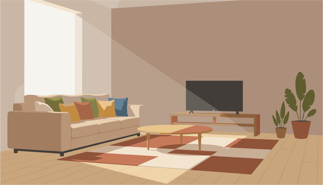 Modern living room with beige sofa and flat screen tv on wooden stand