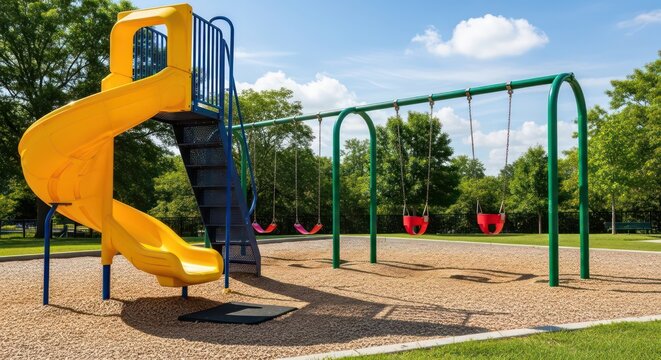 Vibrant Yellow Spiral Slide and Green Swings in Sunny Park Playground.