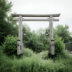 Fototapeta premium Wooden torii gate with lanterns in grassy natural setting nature traditional