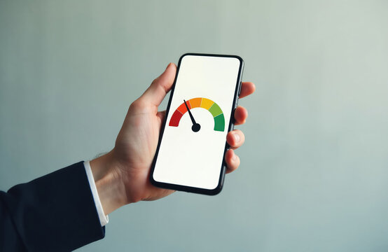Man checks credit score gauge on smartphone app. Financial risk level on screen shows medium to good rating. Mobile app assesses loan eligibility.