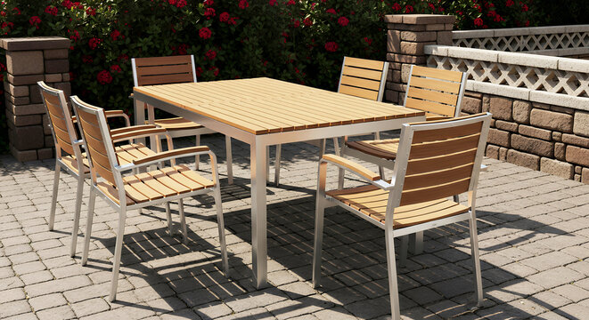 Wooden outdoor dining table with six matching chairs on a tiled patio wooden table