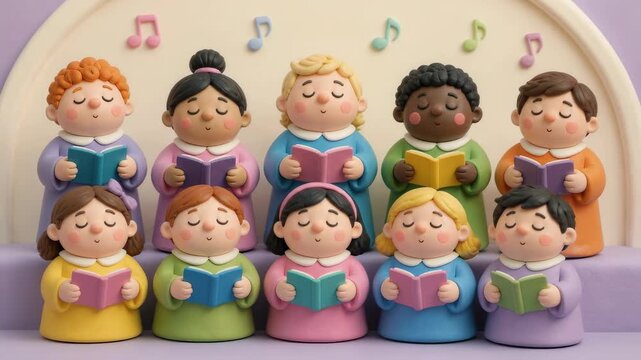 A diverse choir of clay style figurines sings in unison as musical notes float above their heads representing a harmonious performance of small characters in bright colorful attire and accessories.