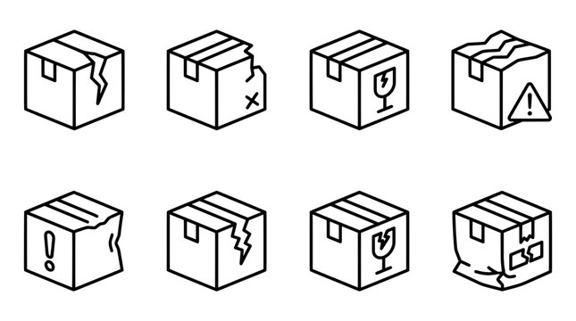 Set of outline icons depicting damaged cardboard boxes and packaging issues