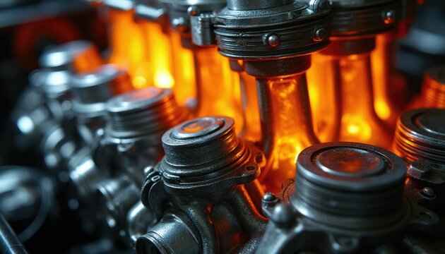 Powerful V8 engine close up. Pistons glow red hot with internal combustion. Metal parts and intense heat visible inside automotive machinery.