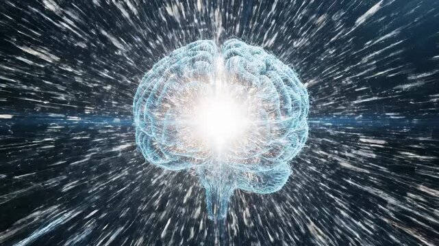 Radiant human brain, depicted with glowing neural networks and outward radiating energy, signifies the awe-inspiring power of the human mind and the boundless potential of cognition in a cosmic