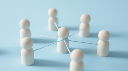 Obraz premium Connected wooden figures on a blue background illustrate teamwork, communication, and social network concepts for business and community