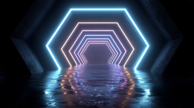 Ethereal Hexagonal Tunnel with Neon Lights Recoding into Mysterious Distance in an Abstract Space