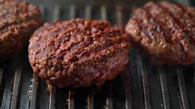 burger meat patties grilling on a barbecue grill. 
grilling hamburger beef patties on a grill.
burger meat patties roasting on a grill  beneath perfectly.