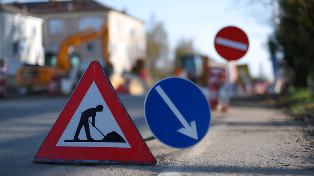 Construction site warning sign with worker symbol and blue arrow sign foreground, blurred background with excavator for roadwork safety