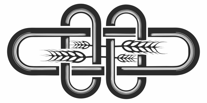 Wheat stalks and interwoven knotwork decorative black and white illustration