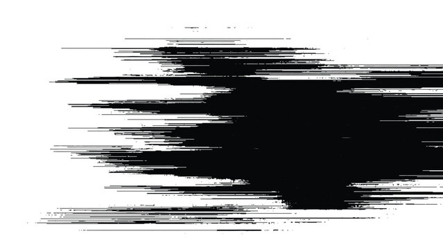 Glitchy distorted digital noise pattern with horizontal lines and pixels on white background