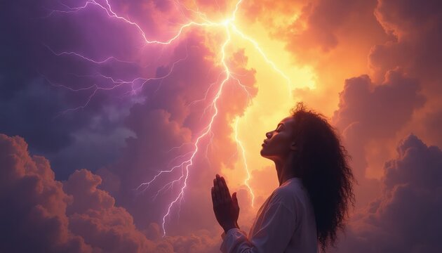 Black woman prays with clasped hands looking up at dramatic stormy sky with lightning bolts. Female finds hope and strength amidst the chaos, seeking divine intervention and peace. Trusting in faith.