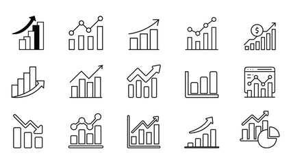 Fototapeta premium Business growth chart icon set, analytics and statistics line icons, financial data graphs with arrows, bar chart and trend symbols, minimal outline vector collection for dashboard and report design