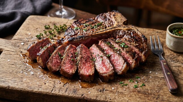 Grilled porterhouse steak sliced on a wooden cutting board with fresh herbs and seasoning for a dinner meal