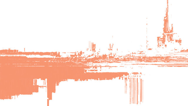 Glitchy orange digital distortion on white screen with corrupted data lines and pixels