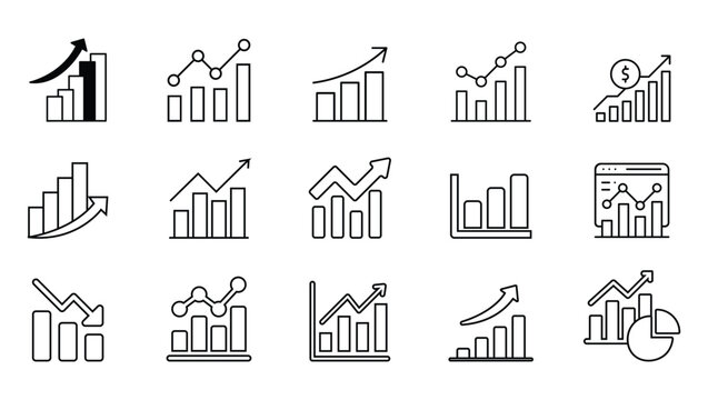 Business growth chart icon set, analytics and statistics line icons, financial data graphs with arrows, bar chart and trend symbols, minimal outline vector collection for dashboard and report design