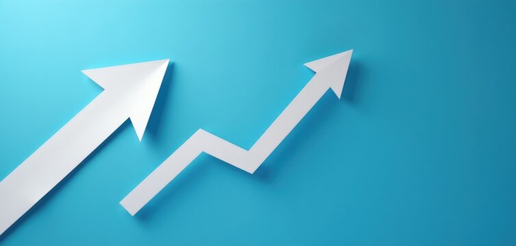 White paper arrows point upwards showing increase. One arrow curves upward, other zigzags. Clean blue background, copy space for text. Business growth concept.