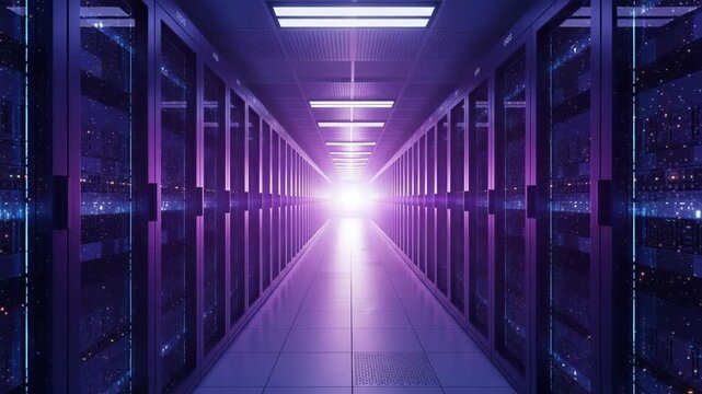 Symmetrical server room corridor with purple lighting