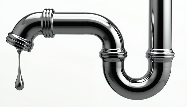 Shiny metal drainpipe drips water drop. Plumbing pipe section with clean water flowing down. Under sink plumbing element isolated on white backdrop.