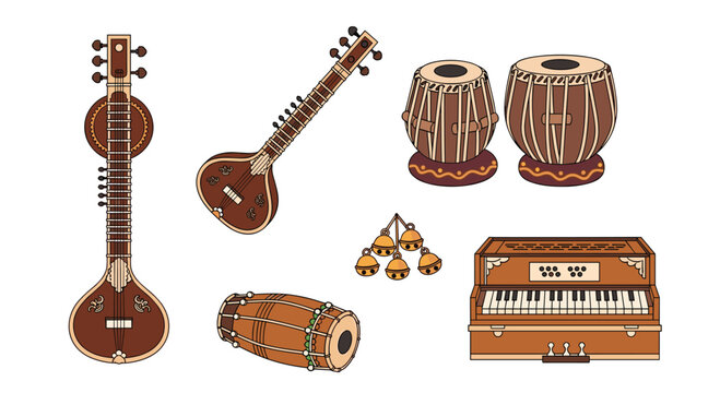 Collection of Indian classical musical instruments like sitar, tabla drums, dholak, and harmonium, arranged for display against a white backdrop.