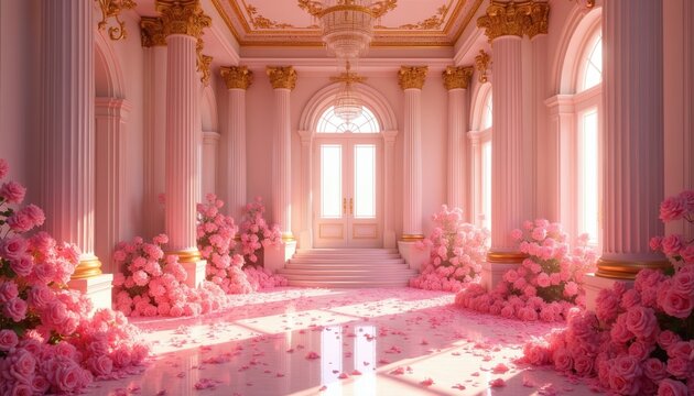 Elegant palace hall decorated with pink roses. Gold columns and ornate details. Soft pink light fills grand room. Rose petals scatter on shiny floor. Dreamy regal atmosphere.
