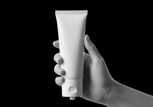 Hand holding tube of sunscreen and two pills with a flower pattern