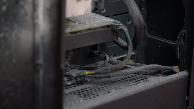 Dusty computer components inside pc case. Extremely dirty and dusty interior of a personal computer case, with components like the video card and power supply needing maintenance