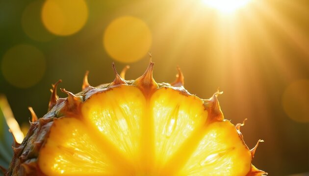 Golden pineapple slice backlit by bright sun, creating soft bokeh effect. Sweet, juicy tropical fruit, perfect for summer themes and healthy eating. Vibrant, refreshing, close-up detail.