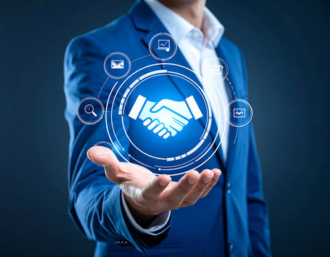Businessman pressing a virtual button on a digital screen for global technology and communication network concept