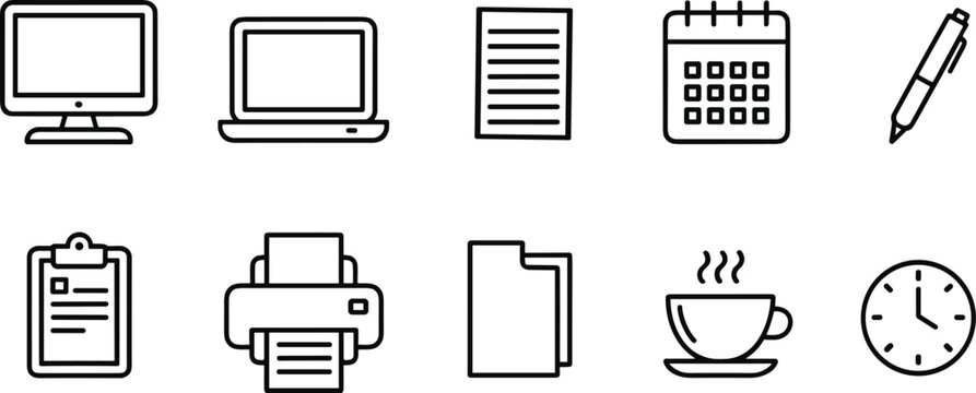 Collection of black line icons for office work technology