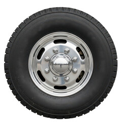 Obraz premium Heavy duty truck tire with chrome metal rim isolated on a white background
