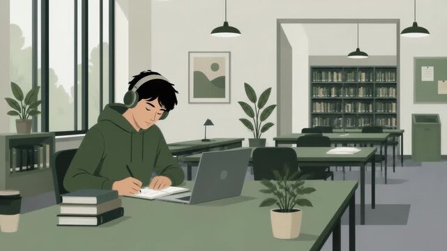 A young man in a green hoodie sits at a desk in a quiet library, rhythmically writing notes while using a laptop to illustrate the essence of dedicated academic concentration and focused learning.