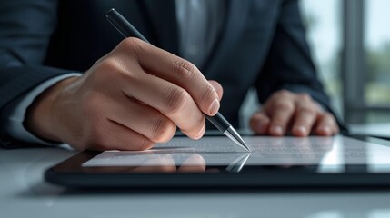 Fototapeta premium Business Executive Signing Digital Documents. Business executive signing electronic documents on a touchscreen device in a modern office.