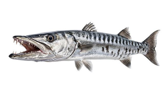A barracuda fish with its mouth open revealing sharp teeth, isolated on a white background